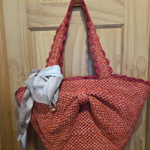 Handbags - Kate Spade Elegant Pink And Orange  Woven Tote Bag with Bow Accent